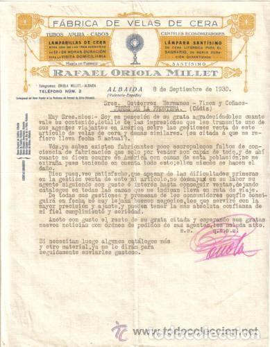 Commercial Letters: ALBAIDA - VALENCIA. 1930. CARTA COMERCIAL DE FABRICA DE VELAS DE CERA. RAFAEL ORIOLA MILLET.