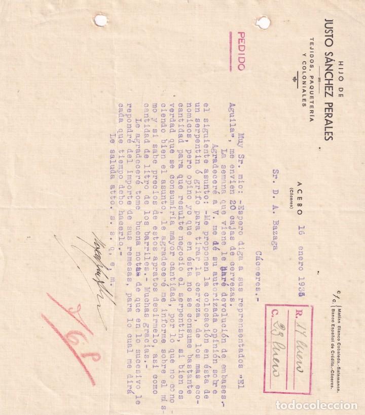 Commercial Letters: Hijo de Justo S&aacute;chez Perales, tejidos, paqueter&iacute;a y coloniales. Acebo C&aacute;ceres. Firma propietario