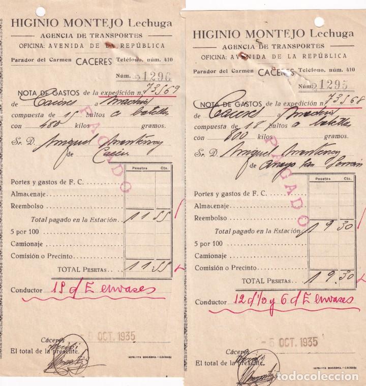 Commercial Letters: 2 Facturas de Higinio Montejo Lechuga. Agencia de Transportes. C&aacute;ceres.