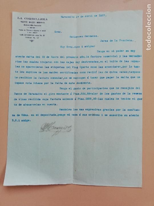 Commercial Letters: CARTA COMERCIAL. LA CORDILLERA. VICENTE MAZZEI BERNOTTI. MARACAIBO, VENEZUELA. 1917.