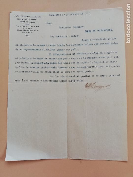 Commercial Letters: CARTA COMERCIAL. LA CORDILLERA. VICENTE MAZZEI BERNOTTI. MARACAIBO, VENEZUELA. 1917.