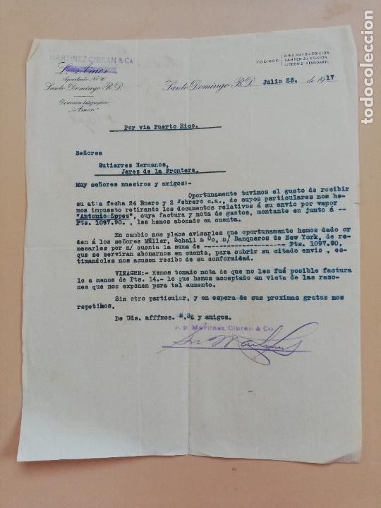 Commercial Letters: CARTA COMERCIAL. MARTINEZ CIBRAN & CA. SANTO DOMINGO R. D. 1917.