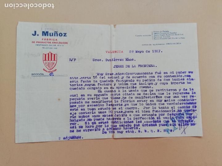 Commercial Letters: CARTA COMERCIAL. J. MU&Ntilde;OZ, FABRICA DE PRODUCTOS ENOLOGICOS. VALENCIA. 1927.