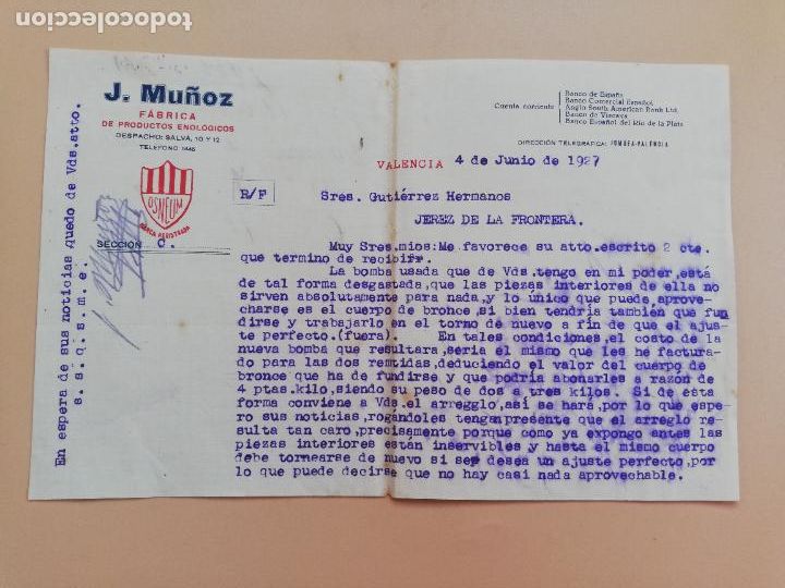 Commercial Letters: CARTA COMERCIAL. J. MU&Ntilde;OZ, FABRICA DE PRODUCTOS ENOLOGICOS. VALENCIA. 1927.
