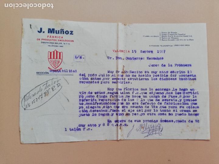 Commercial Letters: CARTA COMERCIAL. J. MU&Ntilde;OZ, FABRICA DE PRODUCTOS ENOLOGICOS. VALENCIA. 1927.