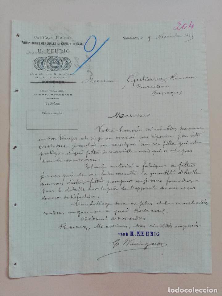 Commercial Letters: CARTA COMERCIAL. FOURNITURES GENERALES DE CHAIS & DE CAVES. OUTILLAGE VINICOLE. BORDEAUX, 1895.