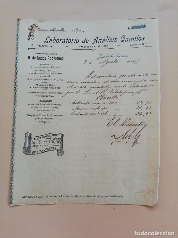 Commercial Letters: CARTA COMERCIAL. LABORATORIO DE ANALISIS QUIMICA. A. DE LUQUE RODRIGUEZ. JEREZ DE LA FRONTERA. 1907.