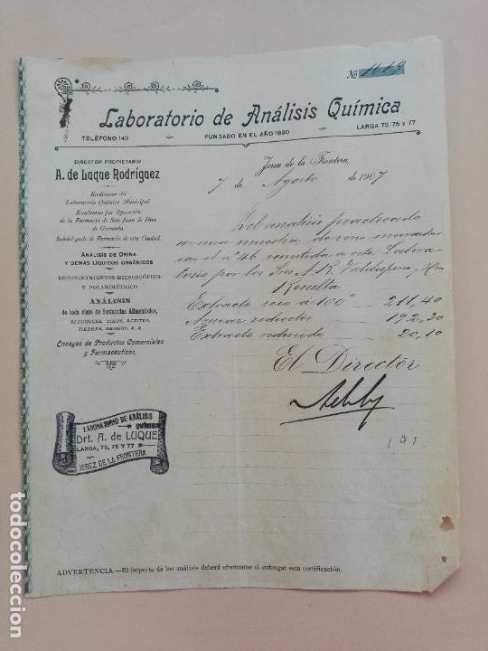 Commercial Letters: CARTA COMERCIAL. LABORATORIO DE ANALISIS QUIMICA. A. DE LUQUE RODRIGUEZ. JEREZ DE LA FRONTERA. 1907.
