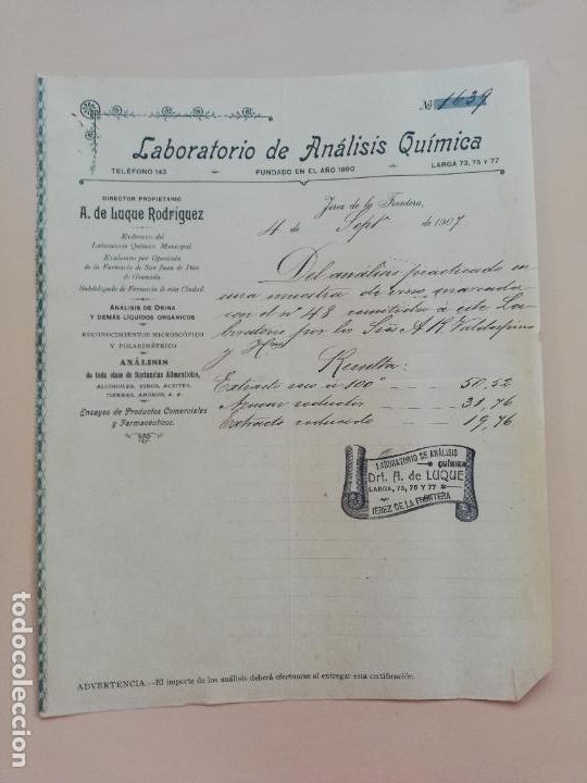 Commercial Letters: CARTA COMERCIAL. LABORATORIO DE ANALISIS QUIMICA. A. DE LUQUE RODRIGUEZ. JEREZ DE LA FRONTERA. 1907.