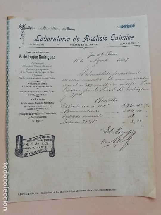 Commercial Letters: CARTA COMERCIAL. LABORATORIO DE ANALISIS QUIMICA. A. DE LUQUE RODRIGUEZ. JEREZ DE LA FRONTERA. 1907.
