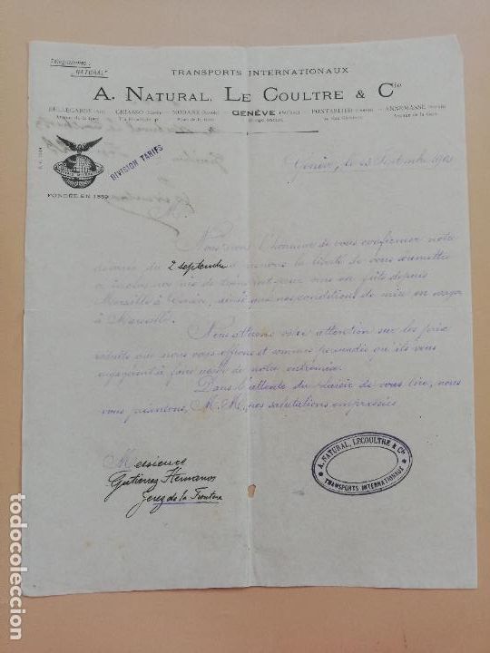 Commercial Letters: CARTA COMERCIAL. A. NATURAL, LE COULTRE & C&ordf;. TRANSPORTS INTERNATIONAUX. GENEVE, SUISSE. 1903.