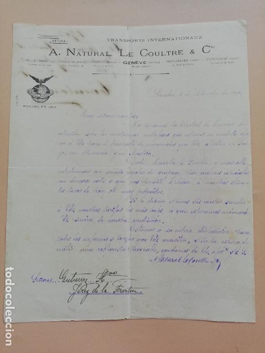 Commercial Letters: CARTA COMERCIAL. A. NATURAL, LE COULTRE & C&ordf;. TRANSPORTS INTERNATIONAUX. GENEVE, SUISSE. 1903.