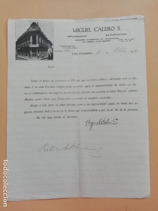 Commercial Letters: CARTA COMERCIAL. MIGUEL CALERO S. IMPORTACION EXPORTACION. CALI, COLOMBIA. 1919.