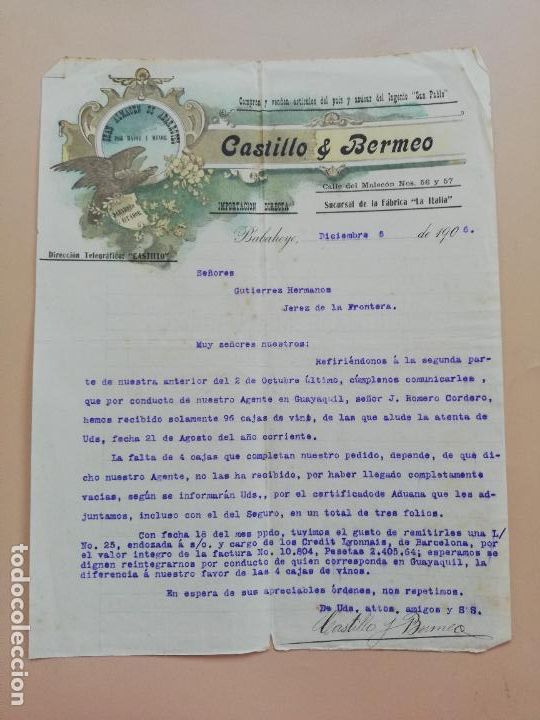 Commercial Letters: CARTA COMERCIAL. BABAHOYO, ECUADOR. CASTILLO & BERMEO. GRAN ALMACEN DE ABARROTES. 1906.
