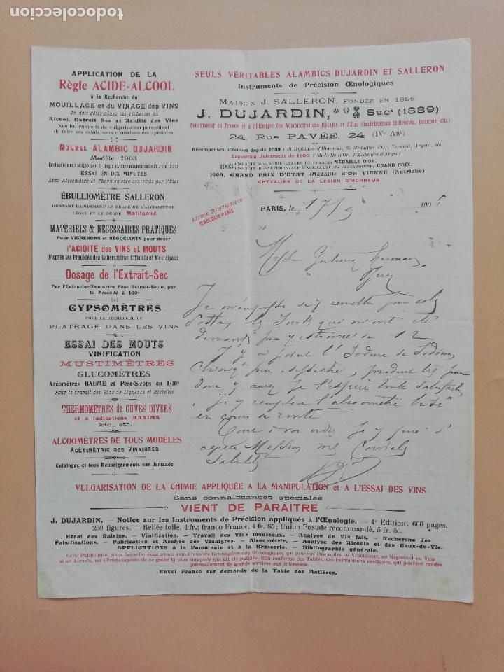 Lettres commerciales: CARTA COMERCIAL. J. DUJARDIN. SEULS VERITABLES ALAMBICS DUJARDIN ET SALLERON. PARIS 1906.