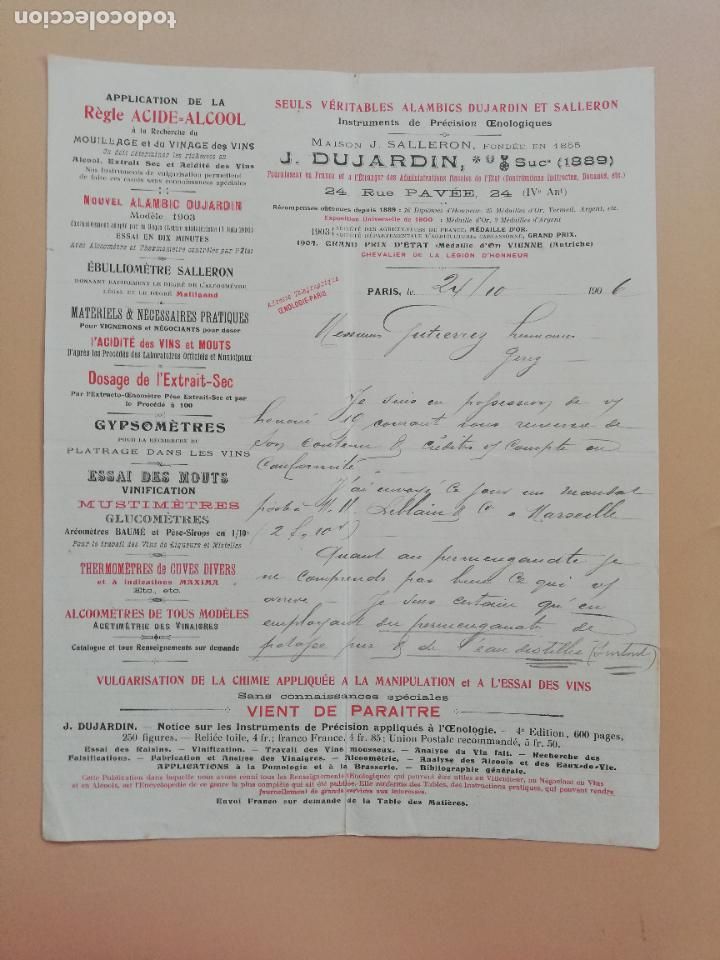 Lettres commerciales: CARTA COMERCIAL. J. DUJARDIN. SEULS VERITABLES ALAMBICS DUJARDIN ET SALLERON. PARIS 1906.