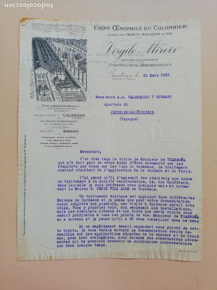Lettres commerciales: CARTA COMERCIAL. VIRGILE MIROIR. USINE OENOPHILE DU COLOMBIER. CAUDERAN, BORDEAUX. 1936.