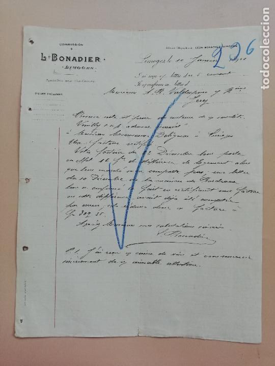 Lettres commerciales: CARTA COMERCIAL. L. BONADIER. LIMOGES, FRANCIA. 1906.