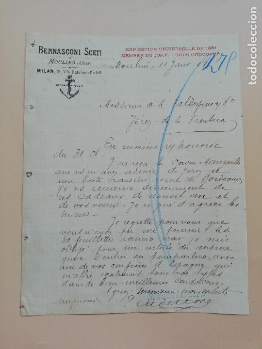 Lettres commerciales: CARTA COMERCIAL. BERNASCONI-SCETI. MOULINS, ALLIER, FRANCIA. 1901.