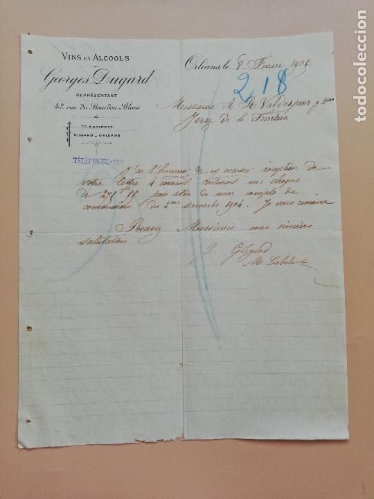 Lettres commerciales: CARTA COMERCIAL. GEORGES DUGARD. VINS ET ALCOOLS. ORLEANS, FRANCIA. 1901.