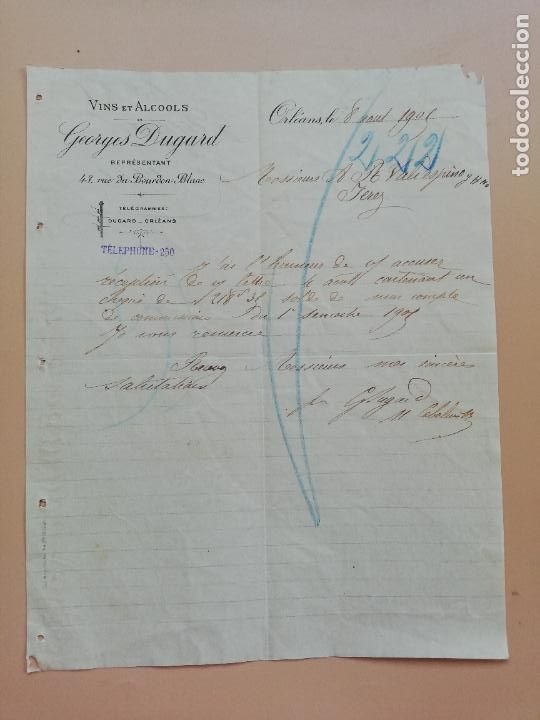 Lettres commerciales: CARTA COMERCIAL. GEORGES DUGARD. VINS ET ALCOOLS. ORLEANS, FRANCIA. 1901.