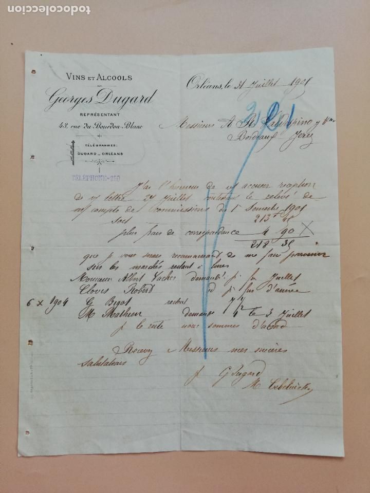 Lettres commerciales: CARTA COMERCIAL. GEORGES DUGARD. VINS ET ALCOOLS. ORLEANS, FRANCIA. 1901.