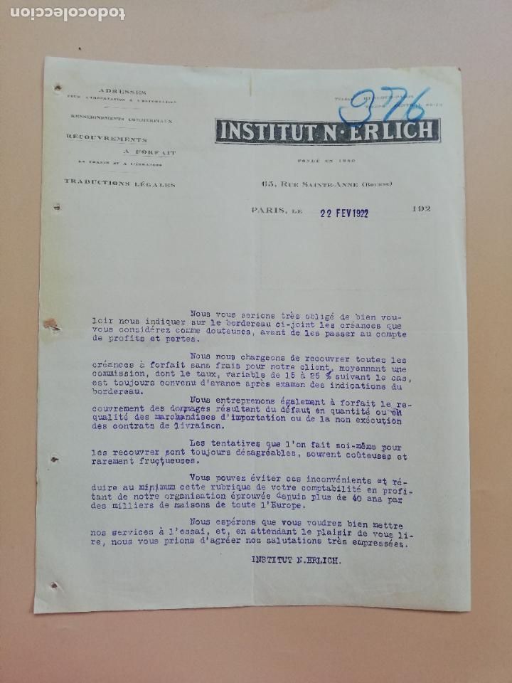 Lettres commerciales: CARTA COMERCIAL. INSTITUTN.ERLICH. PARIS, FRANCIA. 1922.