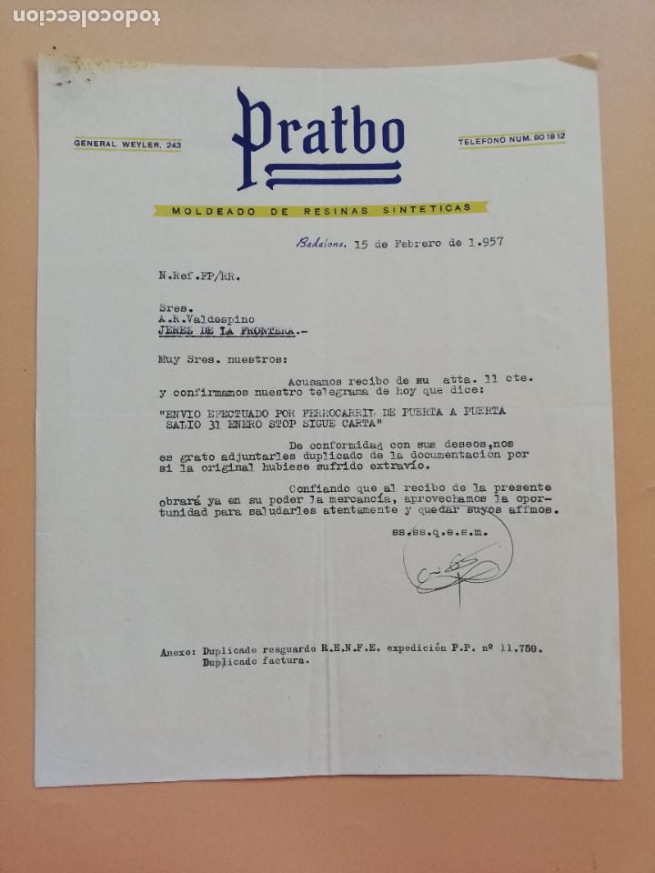 Lettres commerciales: CARTA COMERCIAL. PRATBO. MOLDEADO DE RESINAS SINTETICAS, BADALONA. 1957.