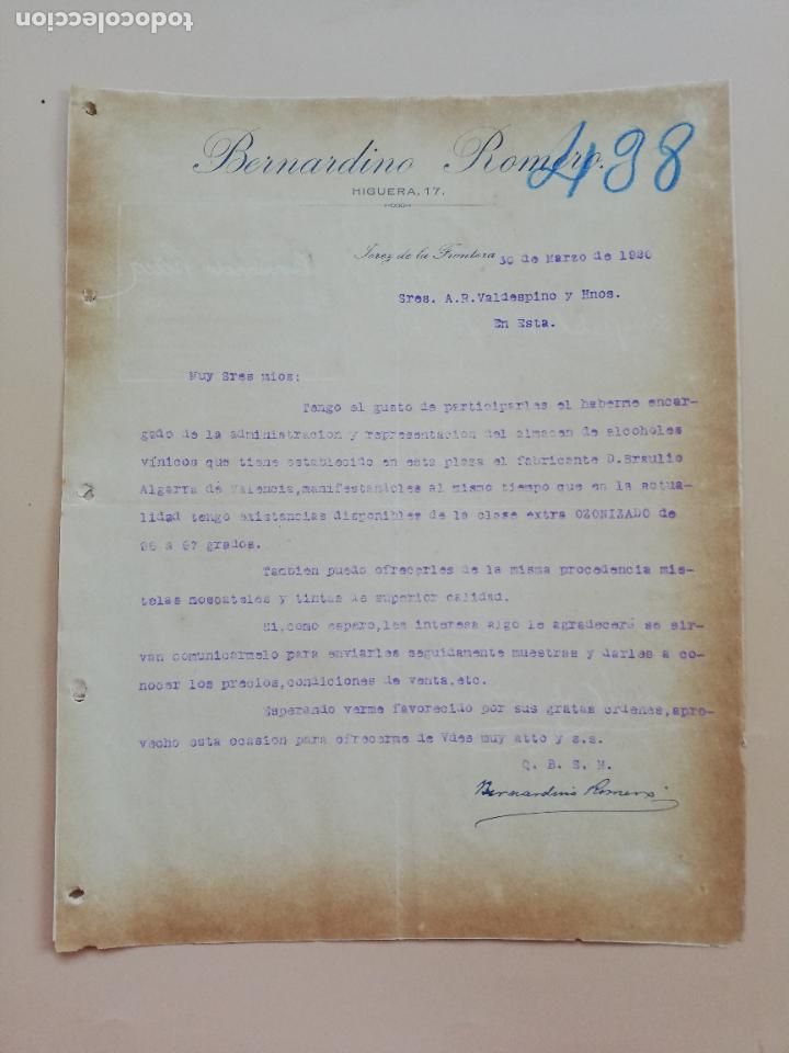 Lettres commerciales: CARTA COMERCIAL. BERNARDINO ROMERO. JEREZ DE LA FRONTERA. 1920.