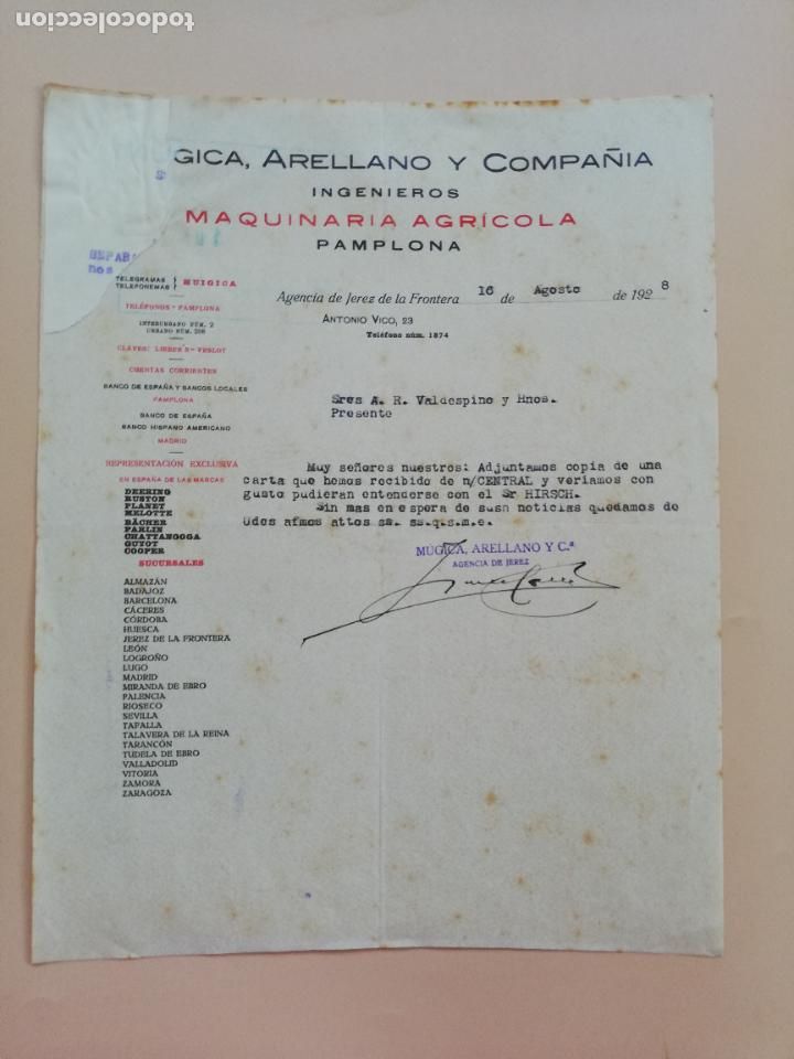 Lettres commerciales: CARTA COMERCIAL. GICA, ARELLANO Y COMPA&Ntilde;IA. INGENIEROS MAQUINA AGRICOLA. PAMPLONA. 1928.