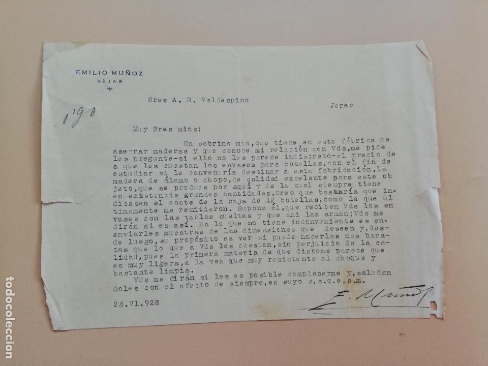 Lettres commerciales: CARTA COMERCIAL. EMILIO MU&Ntilde;OZ. BEJAR. 1928.