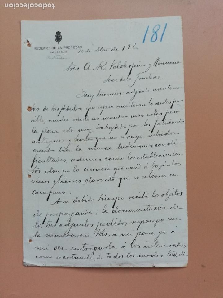 Lettres commerciales: CARTA COMERCIAL. REGISTRO DE LA PROPIEDAD. VALLADOLID. 1920.