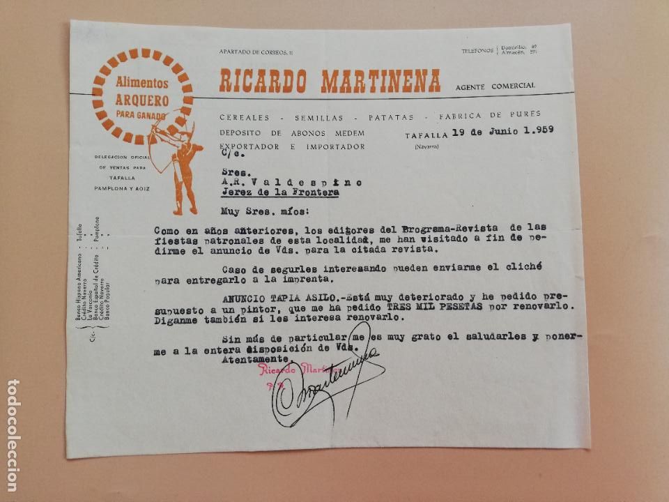 Lettres commerciales: CARTA COMERCIAL. RICARDO MARTINENA. ALIMENTOS ARQUERO PARA GANADO. TAFALLA, NAVARRA. 1959.
