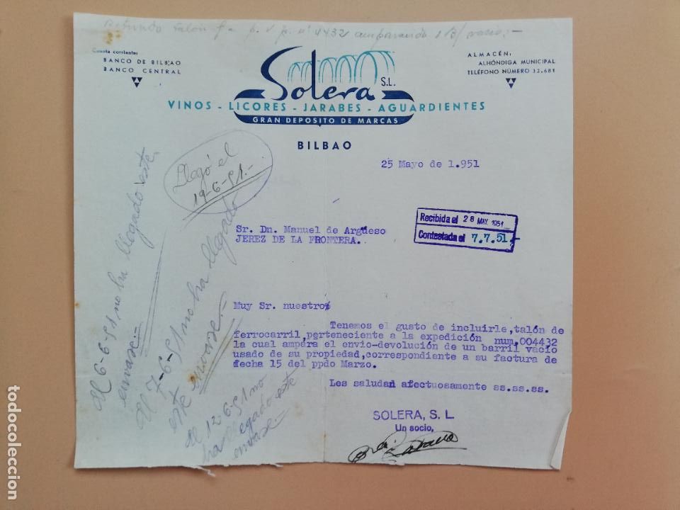 Lettres commerciales: CARTA COMERCIAL. SOLERA, S.L. VINOS LICORES JARABES AGUARDIENTES. BILBAO. 1951.