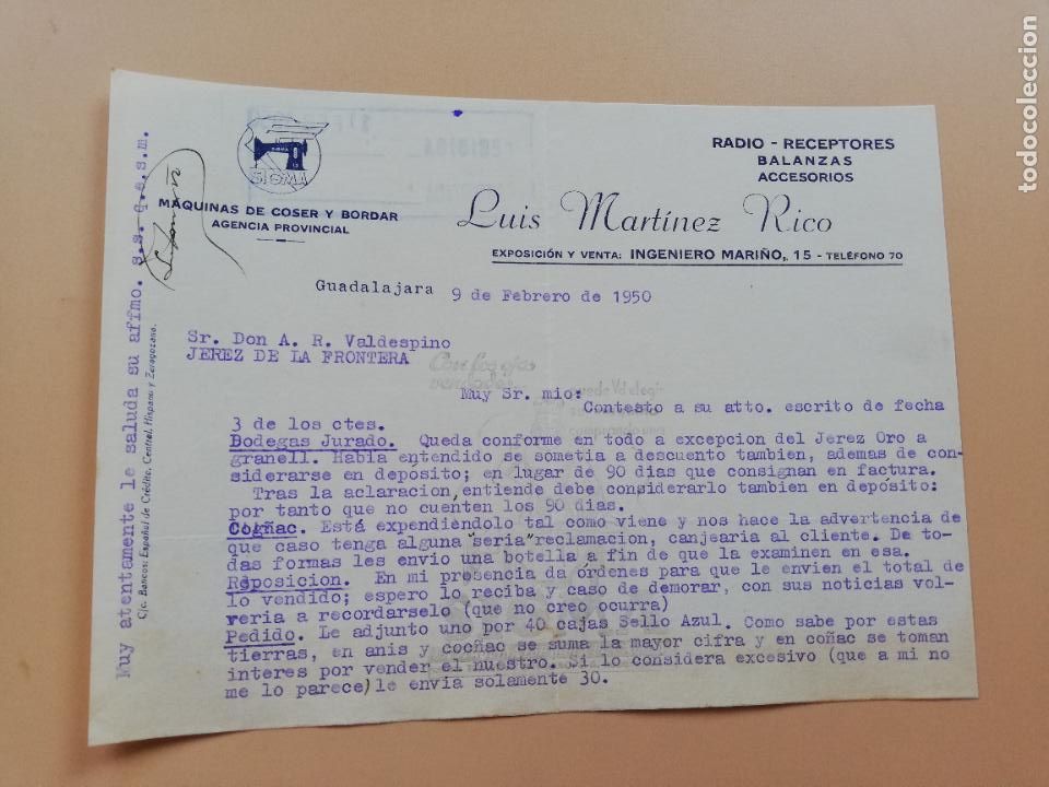 Lettres commerciales: CARTA COMERCIAL. LUIS MARTINEZ RICO. MAQUINAS DE COSER Y BORDAR. GUADALAJARA. 1950.
