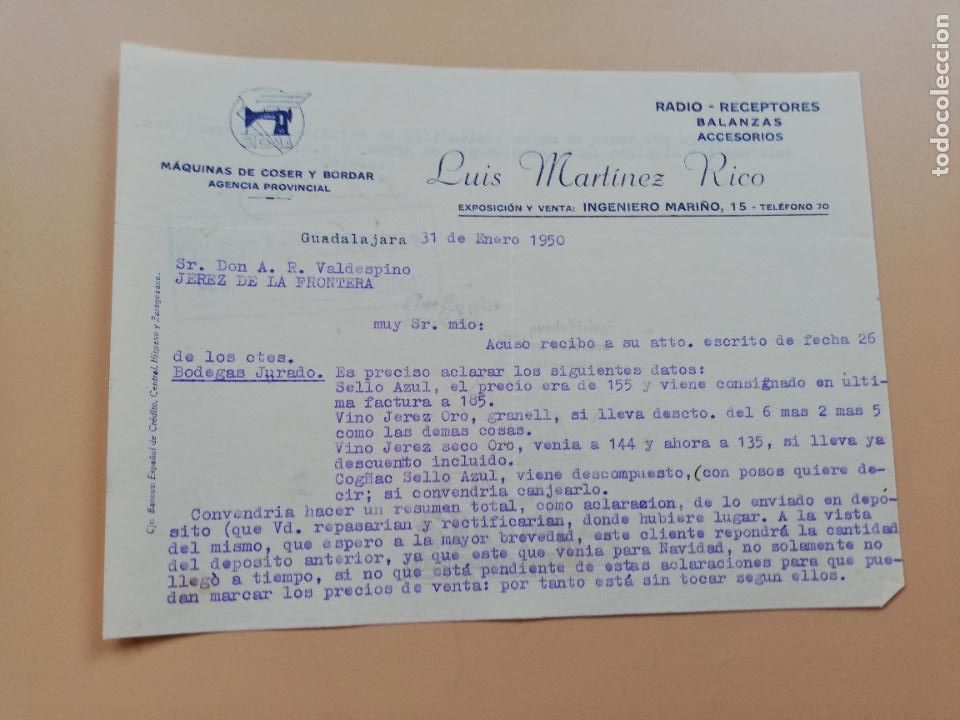 Lettres commerciales: CARTA COMERCIAL. LUIS MARTINEZ RICO. MAQUINAS DE COSER Y BORDAR. GUADALAJARA. 1950.