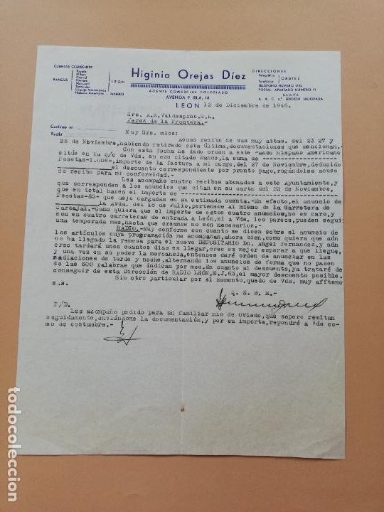 Lettres commerciales: CARTA COMERCIAL. HIGINIO OREJAS DIEZ. AGENTE COMERCIAL COLEGIADO. LEON. 1946.