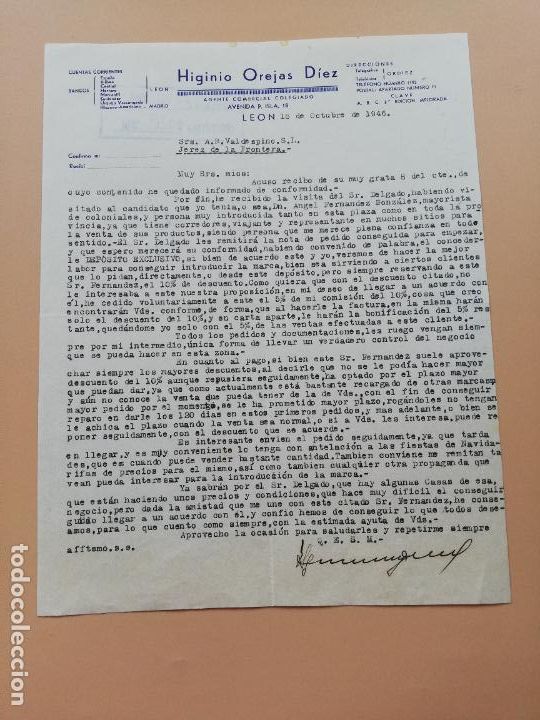 Lettres commerciales: CARTA COMERCIAL. HIGINIO OREJAS DIEZ. AGENTE COMERCIAL COLEGIADO. LEON. 1946.