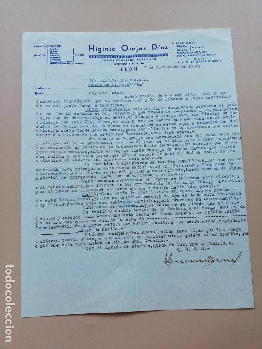 Lettres commerciales: CARTA COMERCIAL. HIGINIO OREJAS DIEZ. AGENTE COMERCIAL COLEGIADO. LEON. 1946.