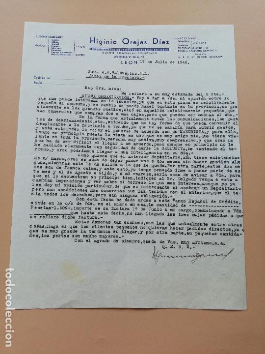 Lettres commerciales: CARTA COMERCIAL. HIGINIO OREJAS DIEZ. AGENTE COMERCIAL COLEGIADO. LEON. 1946.