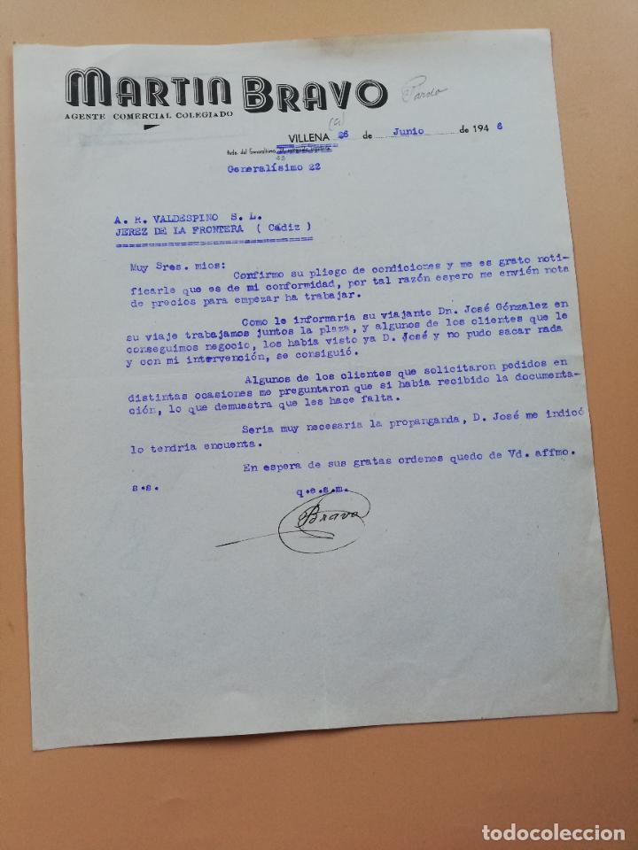 Lettres commerciales: CARTA COMERCIAL. MARTIN BRAVO. AGENTE COMERCIAL COLEGIADO. VILLENA, VALENCIA. 1946.