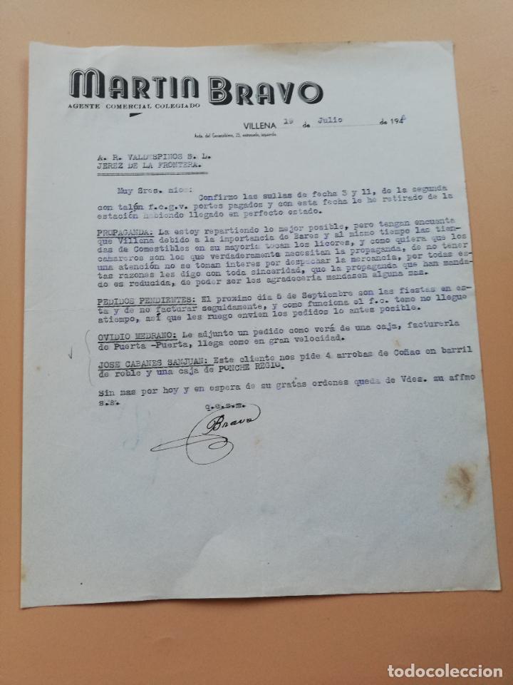 Lettres commerciales: CARTA COMERCIAL. MARTIN BRAVO. AGENTE COMERCIAL COLEGIADO. VILLENA, ALICANTE. 1946.