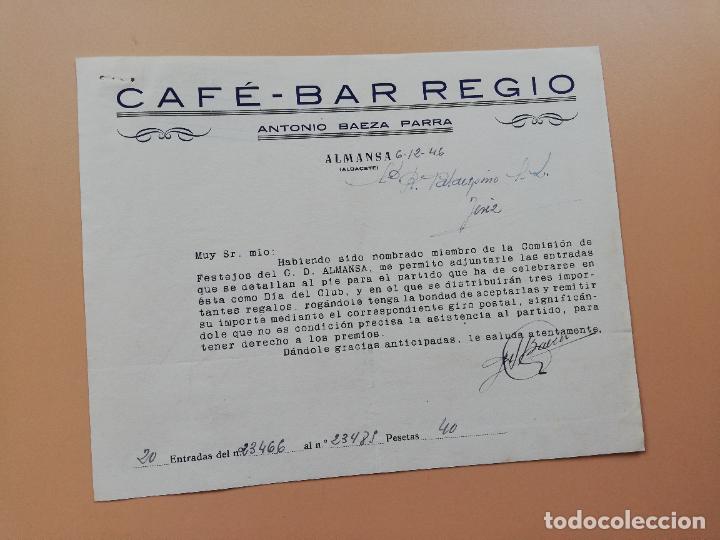 Lettres commerciales: CARTA COMERCIAL. ANTONIO BAEZA PARRA. CAFE- BAR REGIO. ALMANSA, ALBACETE. 1946.