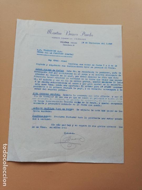 Lettres commerciales: CARTA COMERCIAL. MARTIN BRAVO PARDO. AGENTE COMERCIAL COLEGIADO. VILLENA, ALICANTE. 1946.