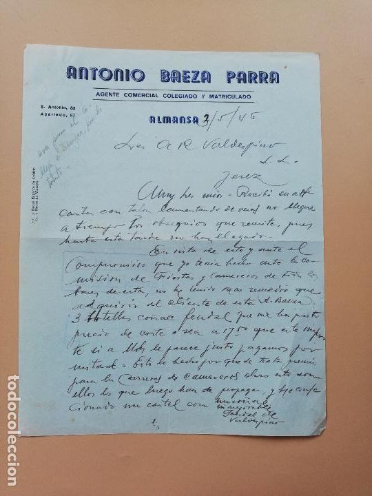 Lettres commerciales: CARTA COMERCIAL. ANTONIO BAEZA PARRA. AGENTE COMERCIAL COLEGIADO. ALMANSA, ALBACETE. 1946.
