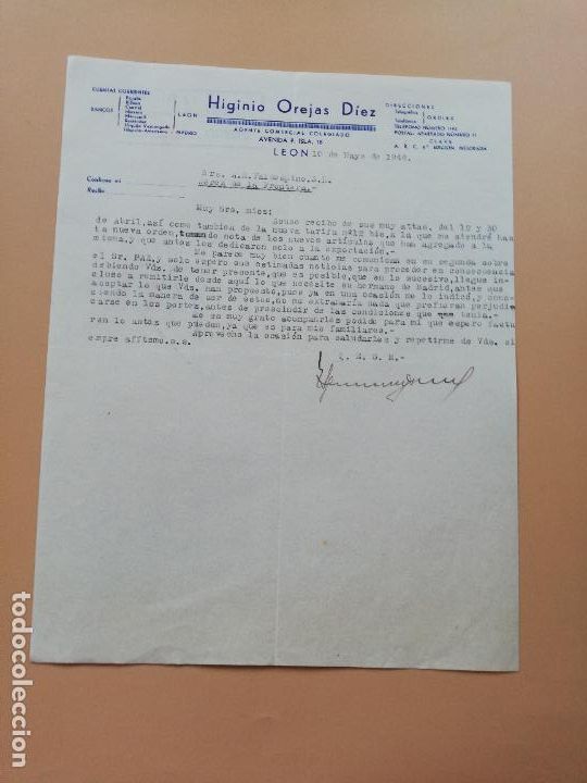 Lettres commerciales: CARTA COMERCIAL. HIGINIO OREJAS DIEZ. AGENTE COMERCIAL COLEGIADO. LEON. 1946.