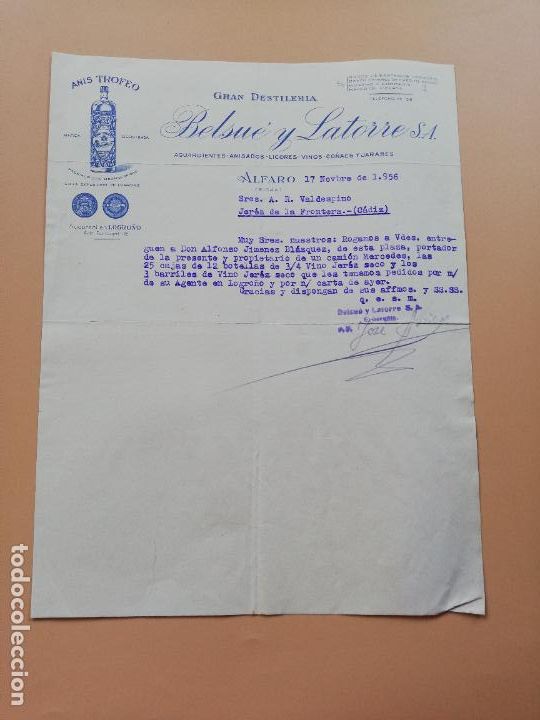 Lettres commerciales: CARTA COMERCIAL. GRAN DESTILERIA BELSUE Y LATORRE S. A. ANIS TROFEO. ALFARO, RIOJA. 1956.