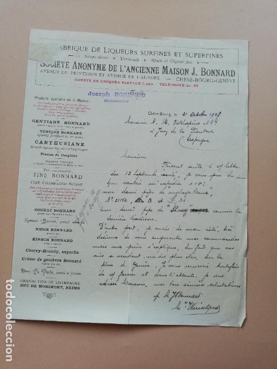Lettres commerciales: CARTA COMERCIAL. FABRIQUE DE LIQUEURS SURFINES ET SUPERFINES. L'ANCIENNE MAISON S.A.CHENE-BOURG 1927