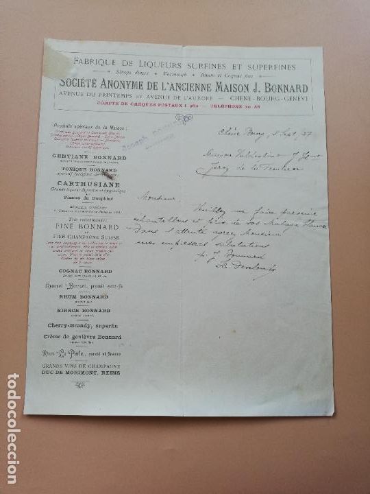Lettres commerciales: CARTA COMERCIAL. FABRIQUE DE LIQUEURS SURFINES ET SUPERFINES. L'ANCIENNE MAISON S.A.CHENE-BOURG 1927