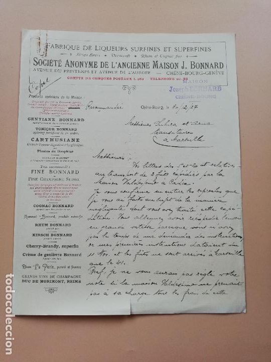 Lettres commerciales: CARTA COMERCIAL. FABRIQUE DE LIQUEURS SURFINES ET SUPERFINES. L'ANCIENNE MAISON S.A.CHENE-BOURG 1927